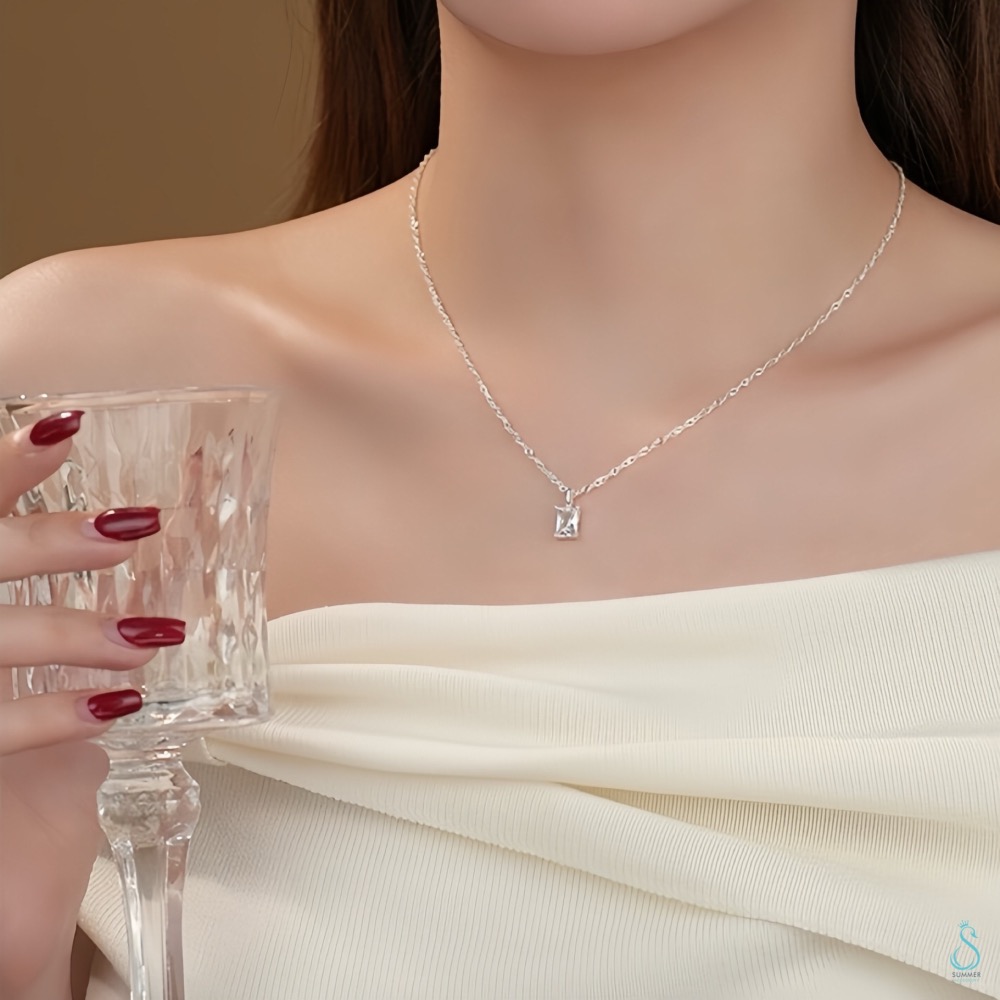 SUMMER 銀飾💫［925純銀］輕奢時尚 方鑽水波紋項鏈 水滴鑽波紋項鏈 純銀項鏈 純銀飾品-細節圖4