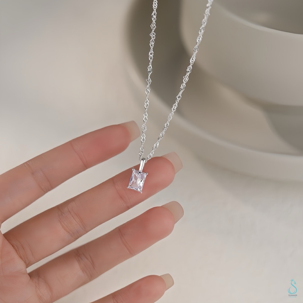 SUMMER 銀飾💫［925純銀］輕奢時尚 方鑽水波紋項鏈 水滴鑽波紋項鏈 純銀項鏈 純銀飾品-細節圖5