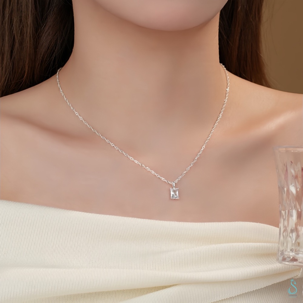 SUMMER 銀飾💫［925純銀］輕奢時尚 方鑽水波紋項鏈 水滴鑽波紋項鏈 純銀項鏈 純銀飾品-細節圖6