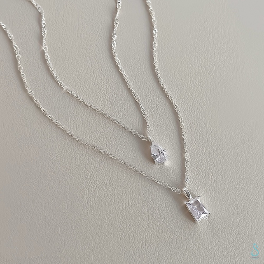 SUMMER 銀飾💫［925純銀］輕奢時尚 方鑽水波紋項鏈 水滴鑽波紋項鏈 純銀項鏈 純銀飾品-細節圖7