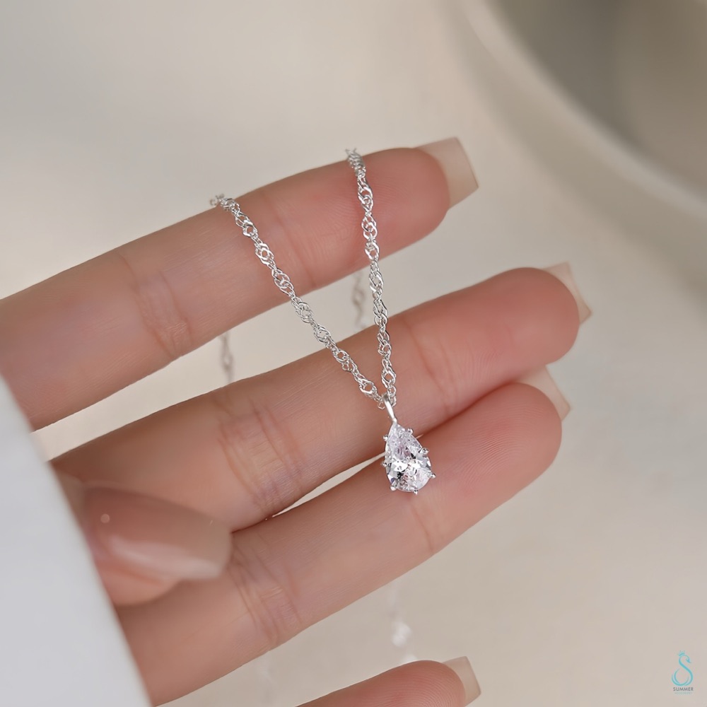 SUMMER 銀飾💫［925純銀］輕奢時尚 方鑽水波紋項鏈 水滴鑽波紋項鏈 純銀項鏈 純銀飾品-細節圖8