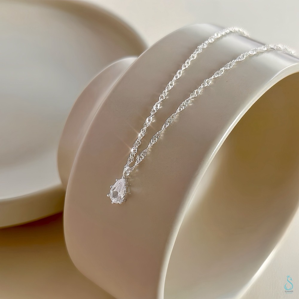SUMMER 銀飾💫［925純銀］輕奢時尚 方鑽水波紋項鏈 水滴鑽波紋項鏈 純銀項鏈 純銀飾品-規格圖9