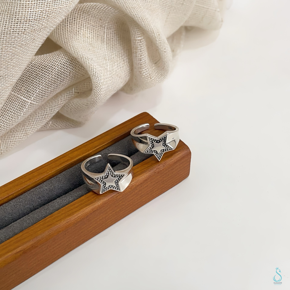SUMMER韓 銀飾💫［925純銀］復古精工 泰銀五角星 純銀戒指 純銀飾品-細節圖2