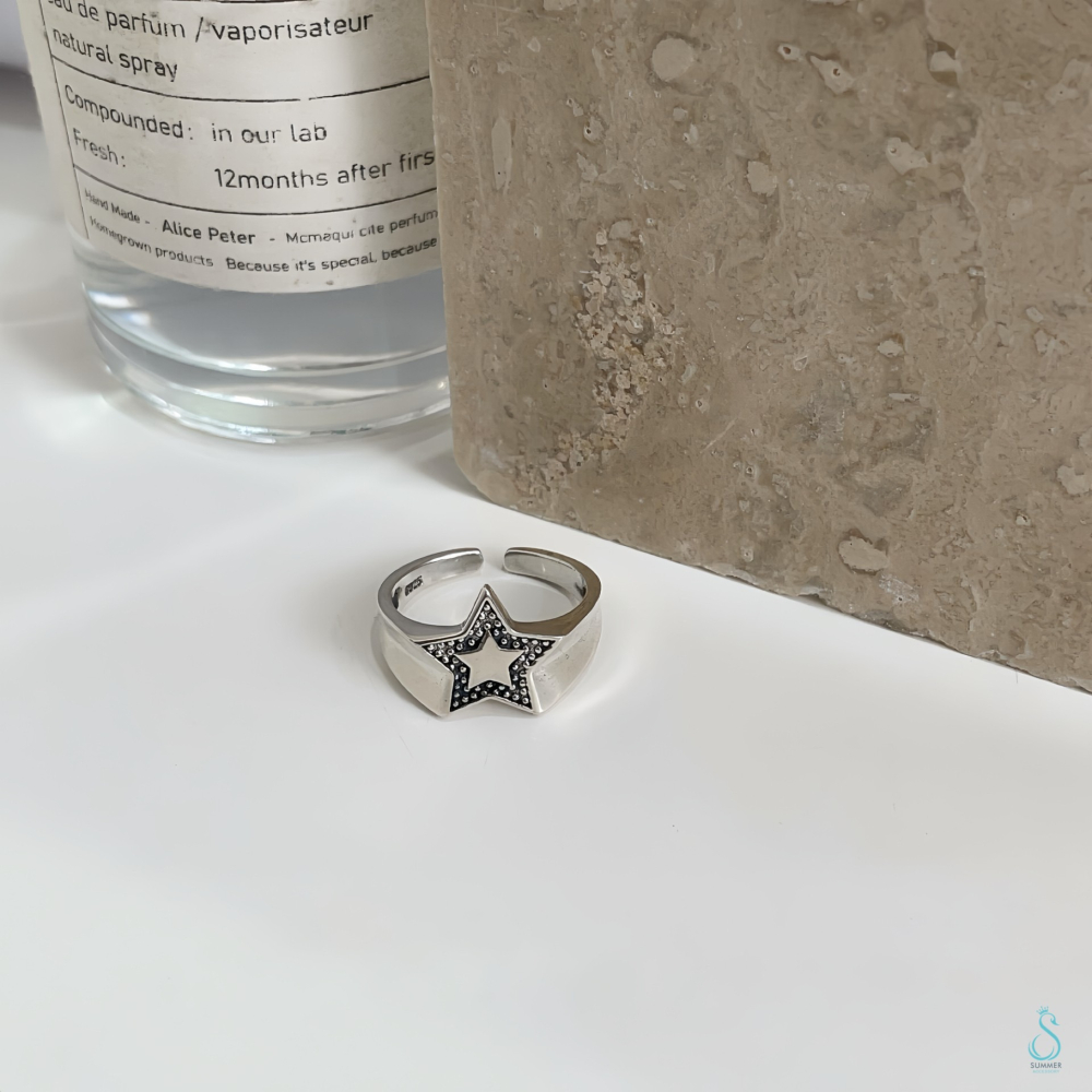 SUMMER韓 銀飾💫［925純銀］復古精工 泰銀五角星 純銀戒指 純銀飾品-細節圖3