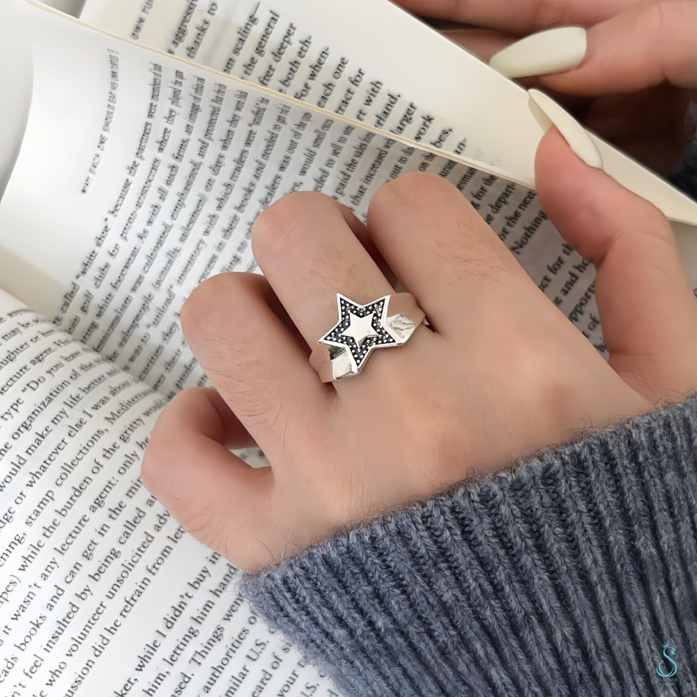 SUMMER韓 銀飾💫［925純銀］復古精工 泰銀五角星 純銀戒指 純銀飾品-細節圖4