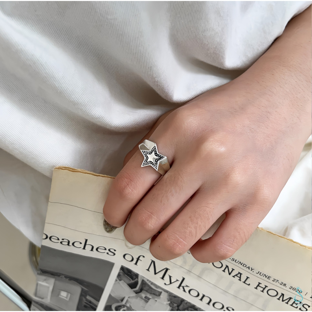 SUMMER韓 銀飾💫［925純銀］復古精工 泰銀五角星 純銀戒指 純銀飾品-細節圖6
