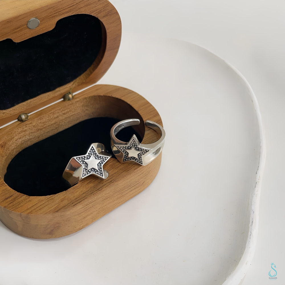SUMMER韓 銀飾💫［925純銀］復古精工 泰銀五角星 純銀戒指 純銀飾品-細節圖7