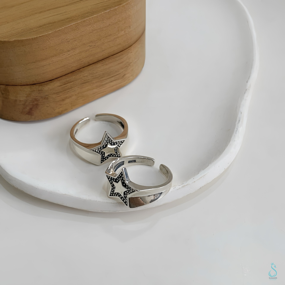 SUMMER韓 銀飾💫［925純銀］復古精工 泰銀五角星 純銀戒指 純銀飾品-細節圖8