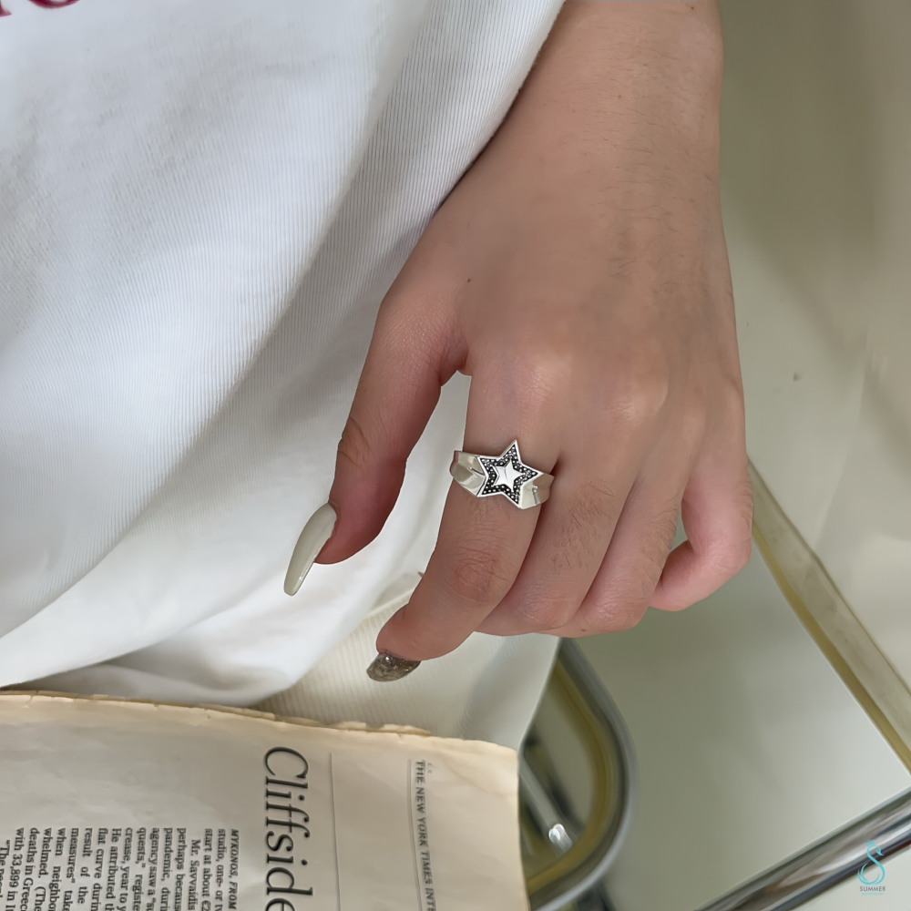 SUMMER韓 銀飾💫［925純銀］復古精工 泰銀五角星 純銀戒指 純銀飾品-細節圖9