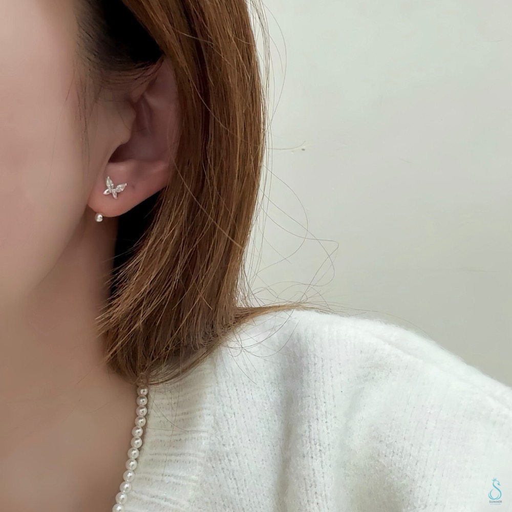 SUMMER 銀飾💫［999足銀］蝴蝶鑽C型耳環 鎖珠式耳環 轉珠耳環 純銀耳環 純銀飾品-細節圖3