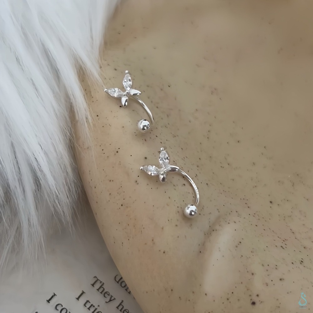 SUMMER 銀飾💫［999足銀］蝴蝶鑽C型耳環 鎖珠式耳環 轉珠耳環 純銀耳環 純銀飾品-細節圖7