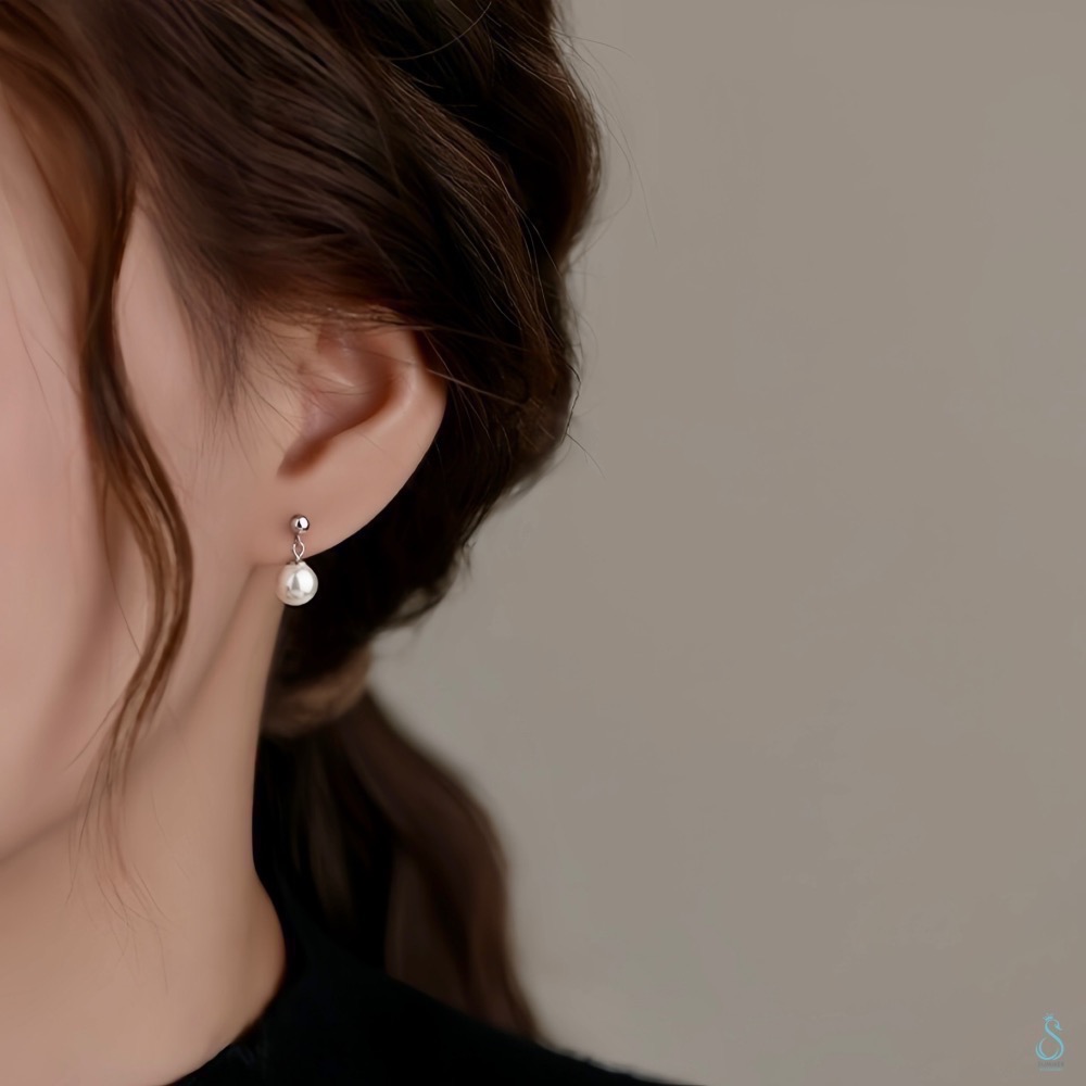 SUMMER 銀飾💫［925純銀］簡約墜珍珠耳環 正圓高光澤 珍珠耳環 純銀耳環 純銀飾品-細節圖3