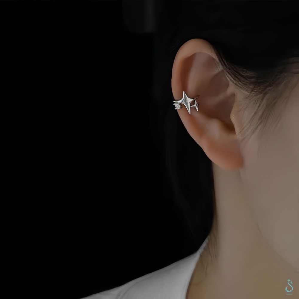 SUMMER 銀飾💫［925純銀］✨單鑽四芒星耳夾 耳骨夾 星芒耳環 男女可戴 純銀耳環 純銀飾品-細節圖2