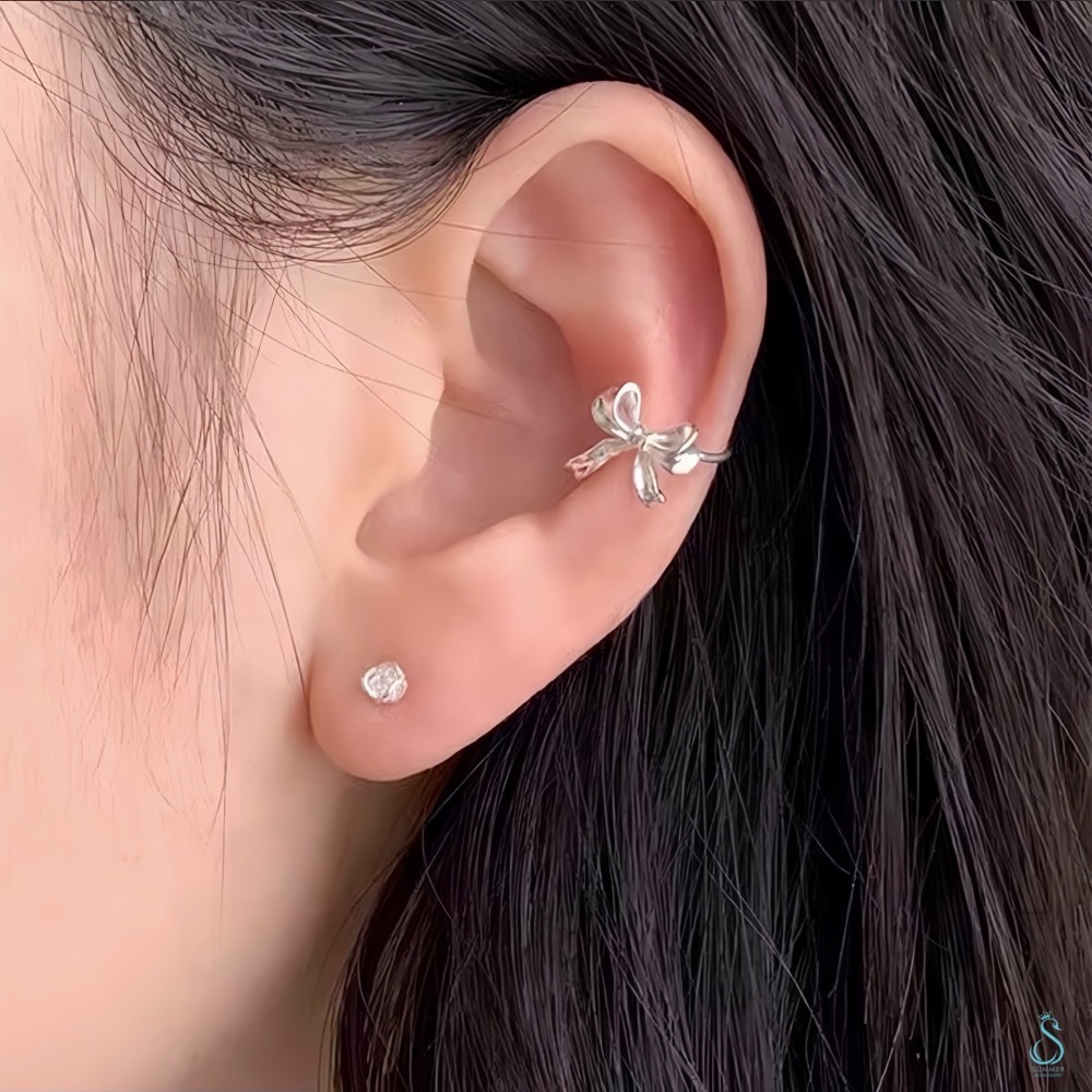 SUMMER 銀飾💫［925純銀］緞帶蝴蝶結耳夾 耳骨夾/無耳洞可戴 純銀耳環 耳夾  純銀飾品-細節圖2