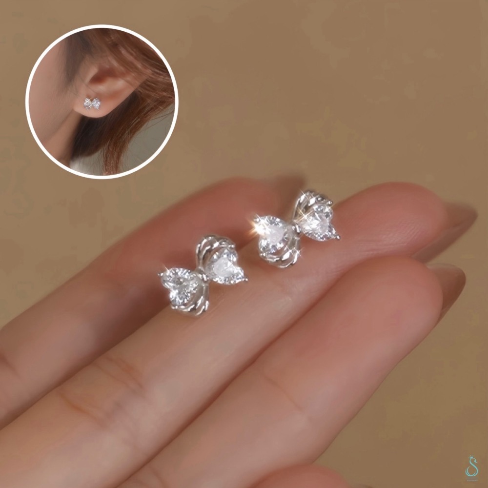 SUMMER 銀飾💫［925純銀］心鑽蝶語 閃亮 立體蝴蝶結耳環 純銀耳環 純銀飾品-細節圖3