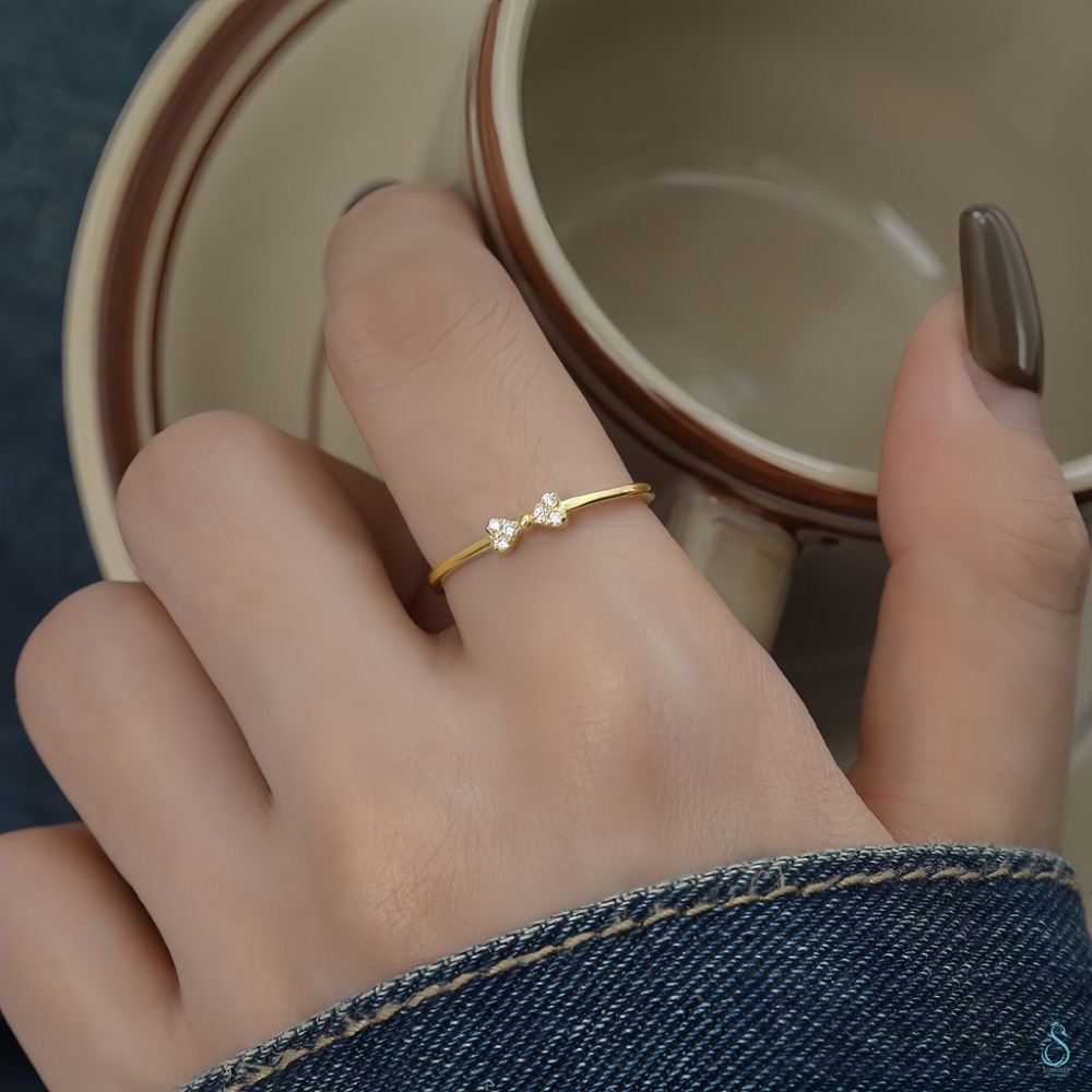 SUMMER 銀飾💫［925純銀］心心相印 迷你鑲鑽蝴蝶結戒 線戒  細戒指 純銀戒指 純銀飾品-細節圖6