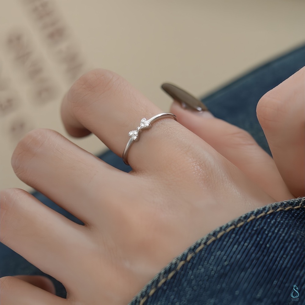 SUMMER 銀飾💫［925純銀］心心相印 迷你鑲鑽蝴蝶結戒 線戒  細戒指 純銀戒指 純銀飾品-細節圖7