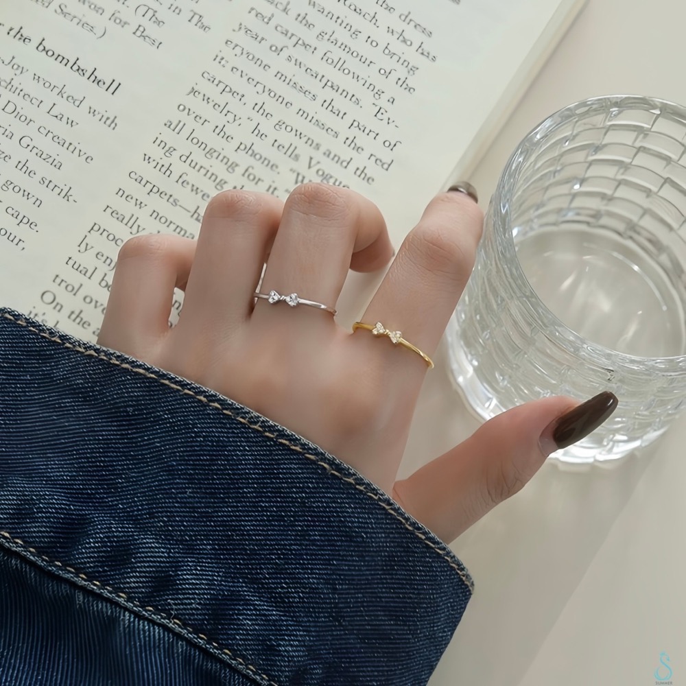 SUMMER 銀飾💫［925純銀］心心相印 迷你鑲鑽蝴蝶結戒 線戒  細戒指 純銀戒指 純銀飾品-細節圖9