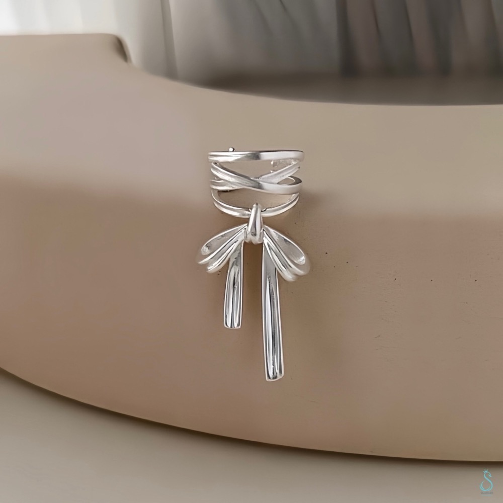 SUMMER韓 銀飾💫［925純銀］銀緞流光 蝴蝶結耳夾 耳骨夾 純銀耳環 純銀飾品-細節圖2