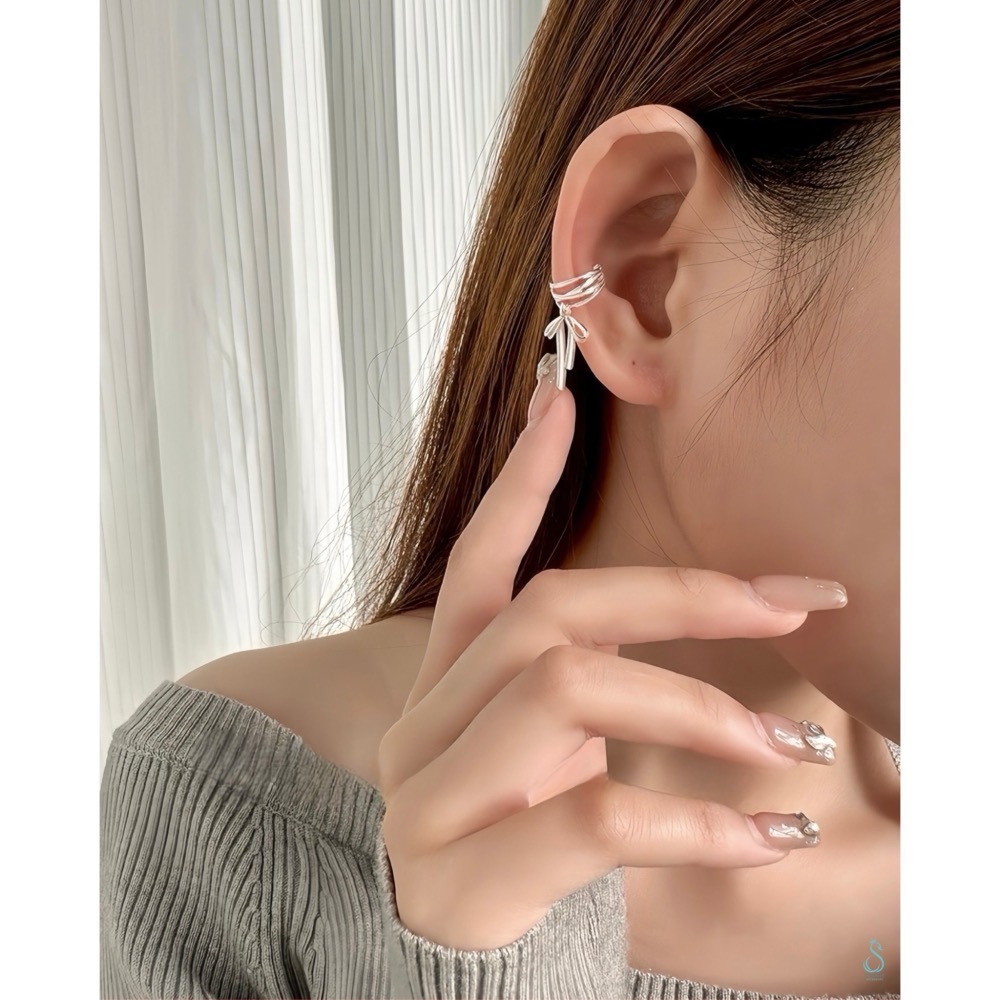 SUMMER韓 銀飾💫［925純銀］銀緞流光 蝴蝶結耳夾 耳骨夾 純銀耳環 純銀飾品-細節圖3