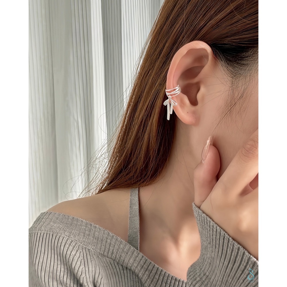 SUMMER韓 銀飾💫［925純銀］銀緞流光 蝴蝶結耳夾 耳骨夾 純銀耳環 純銀飾品-細節圖7