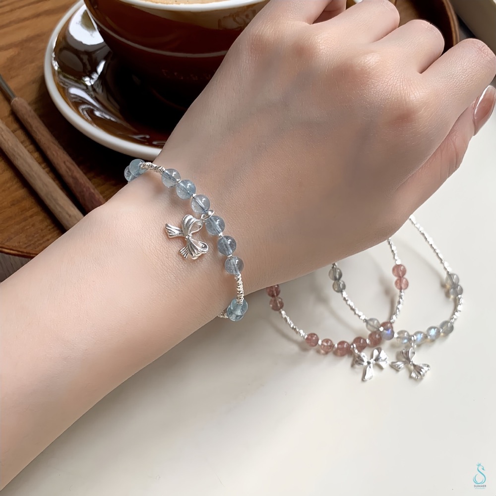 SUMMER 銀飾💫［925純銀］天然草莓晶 海藍寶 月光石（月亮石） 蝴蝶結手鍊 純銀手鍊 晶石能量手鏈-細節圖6