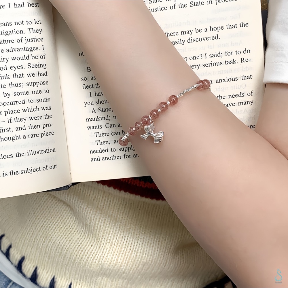 SUMMER 銀飾💫［925純銀］天然草莓晶 海藍寶 月光石（月亮石） 蝴蝶結手鍊 純銀手鍊 晶石能量手鏈-細節圖2