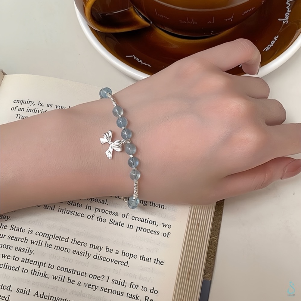 SUMMER 銀飾💫［925純銀］天然草莓晶 海藍寶 月光石（月亮石） 蝴蝶結手鍊 純銀手鍊 晶石能量手鏈-細節圖4