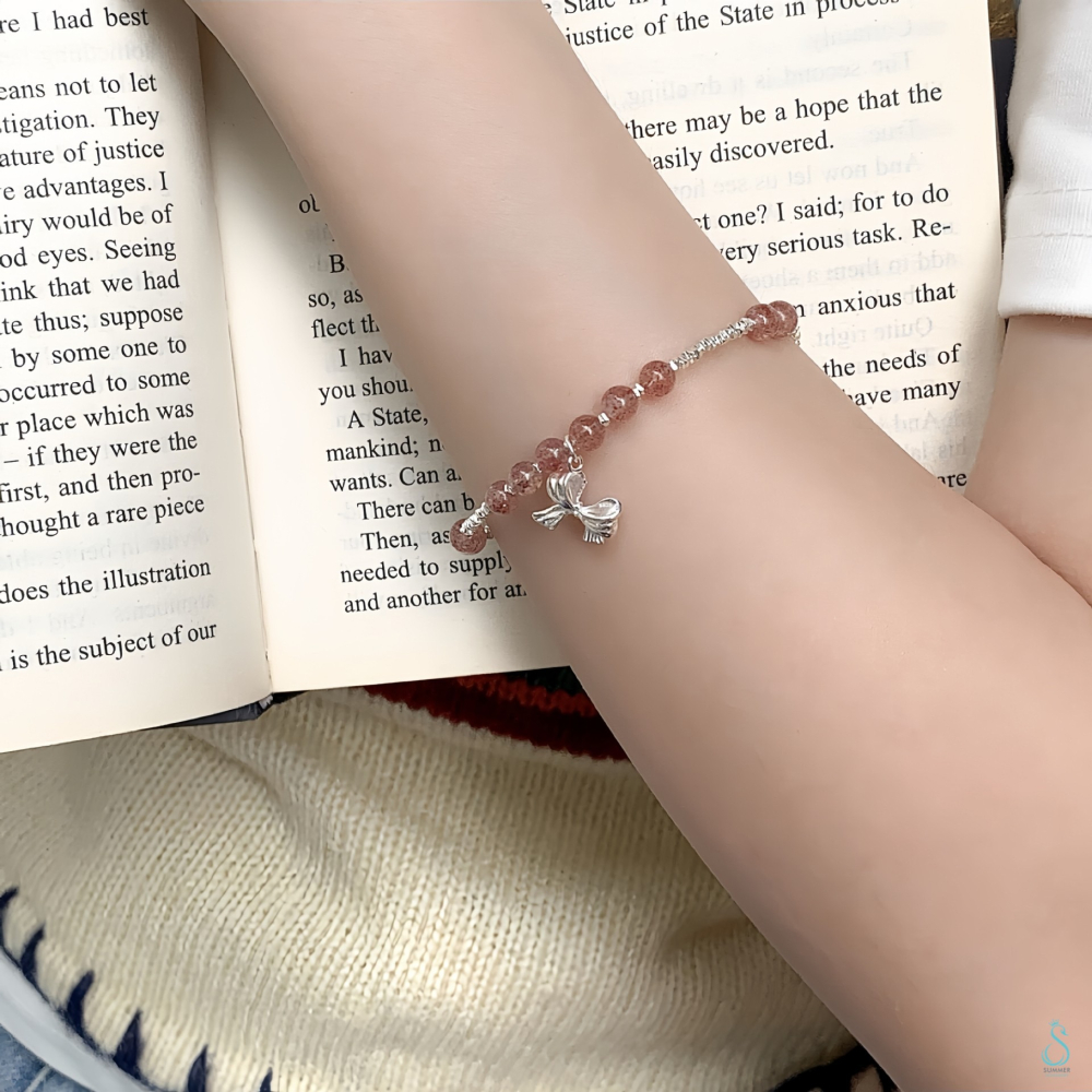 SUMMER 銀飾💫［925純銀］天然草莓晶 海藍寶 月光石（月亮石） 蝴蝶結手鍊 純銀手鍊 晶石能量手鏈-細節圖2