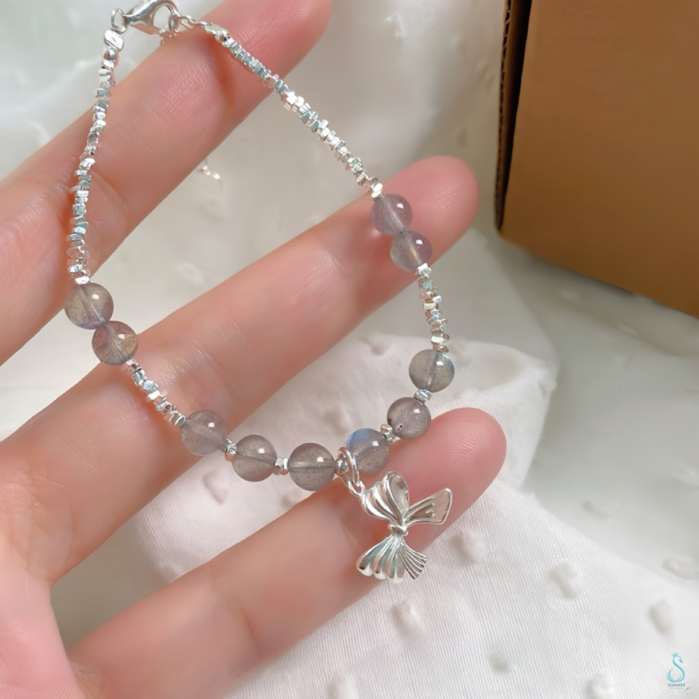 SUMMER 銀飾💫［925純銀］天然草莓晶 海藍寶 月光石（月亮石） 蝴蝶結手鍊 純銀手鍊 晶石能量手鏈-細節圖7
