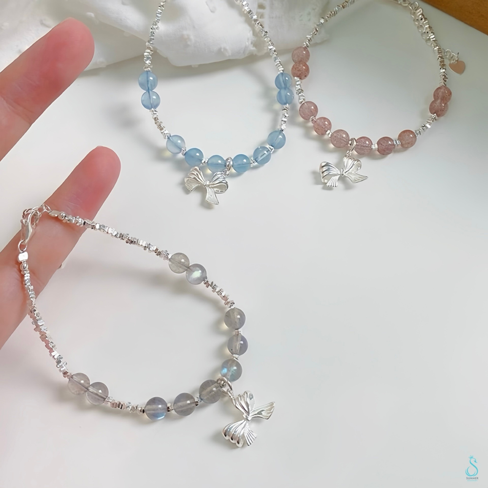 SUMMER 銀飾💫［925純銀］天然草莓晶 海藍寶 月光石（月亮石） 蝴蝶結手鍊 純銀手鍊 晶石能量手鏈-細節圖9