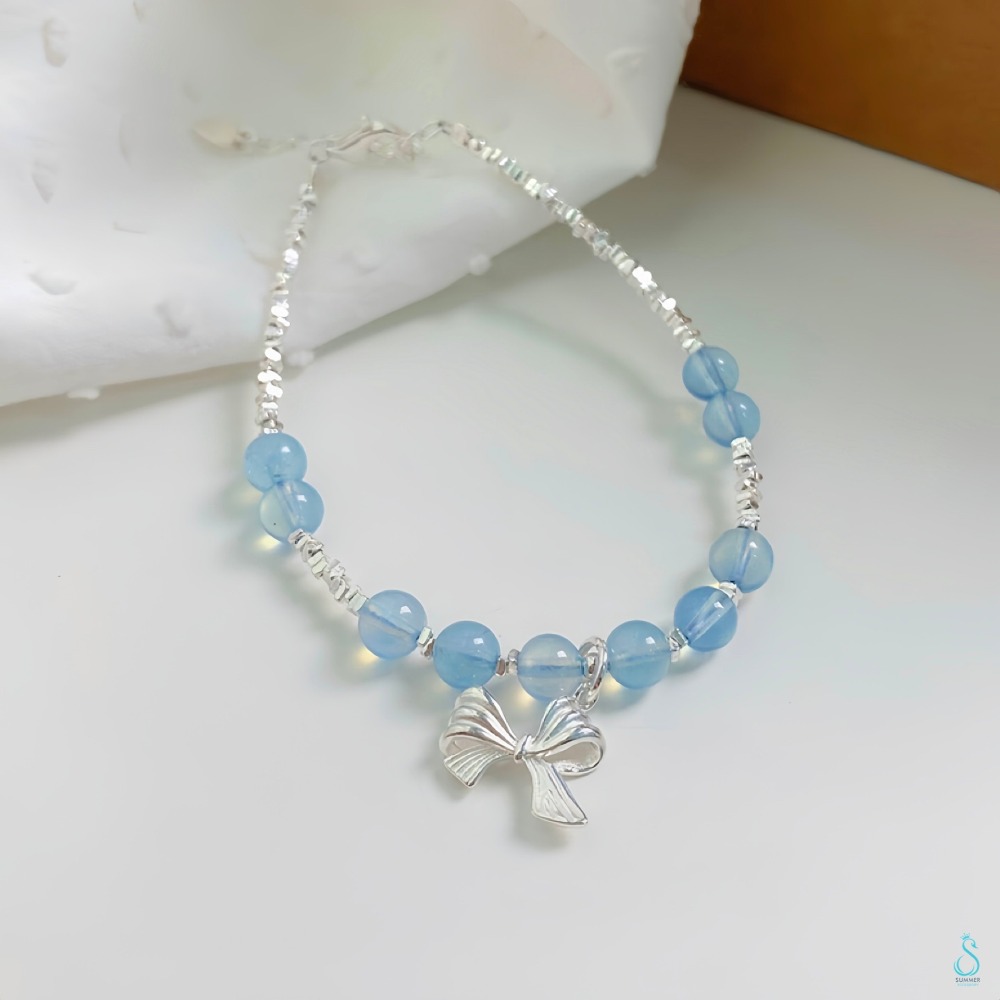 SUMMER 銀飾💫［925純銀］天然草莓晶 海藍寶 月光石（月亮石） 蝴蝶結手鍊 純銀手鍊 晶石能量手鏈-規格圖9