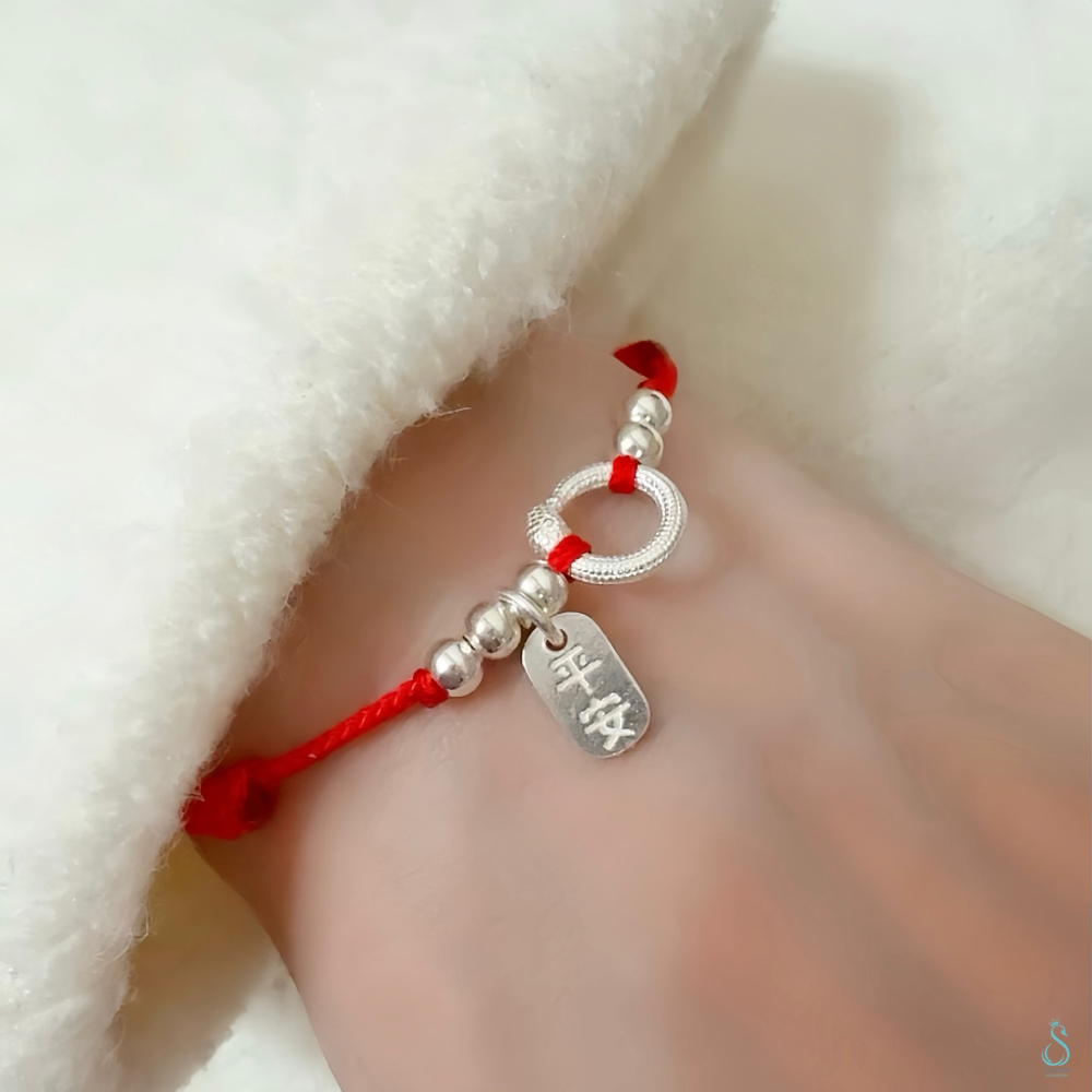 SUMMER 銀飾💫［925純銀］開運保平安 平安蛇 手作紅繩 雙面祈福「平安/健康」幸運手繩 純銀手鍊 純銀飾品-細節圖2