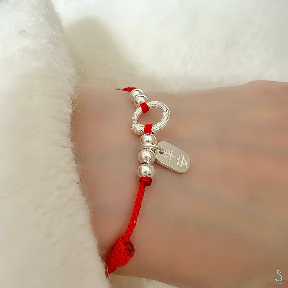 SUMMER 銀飾💫［925純銀］開運保平安 平安蛇 手作紅繩 雙面祈福「平安/健康」幸運手繩 純銀手鍊 純銀飾品-細節圖4