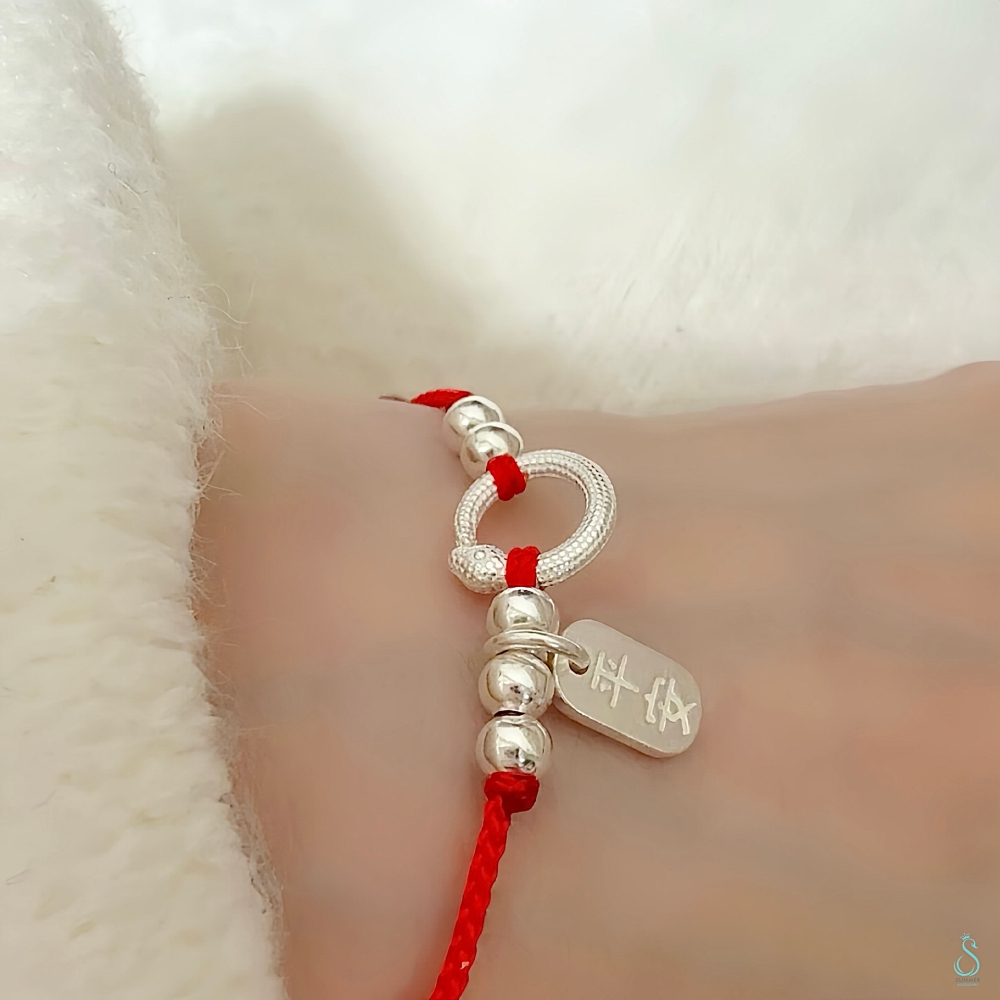 SUMMER 銀飾💫［925純銀］開運保平安 平安蛇 手作紅繩 雙面祈福「平安/健康」幸運手繩 純銀手鍊 純銀飾品-細節圖5