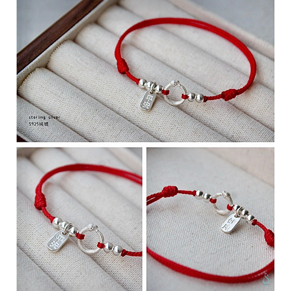 SUMMER 銀飾💫［925純銀］開運保平安 平安蛇 手作紅繩 雙面祈福「平安/健康」幸運手繩 純銀手鍊 純銀飾品-細節圖6