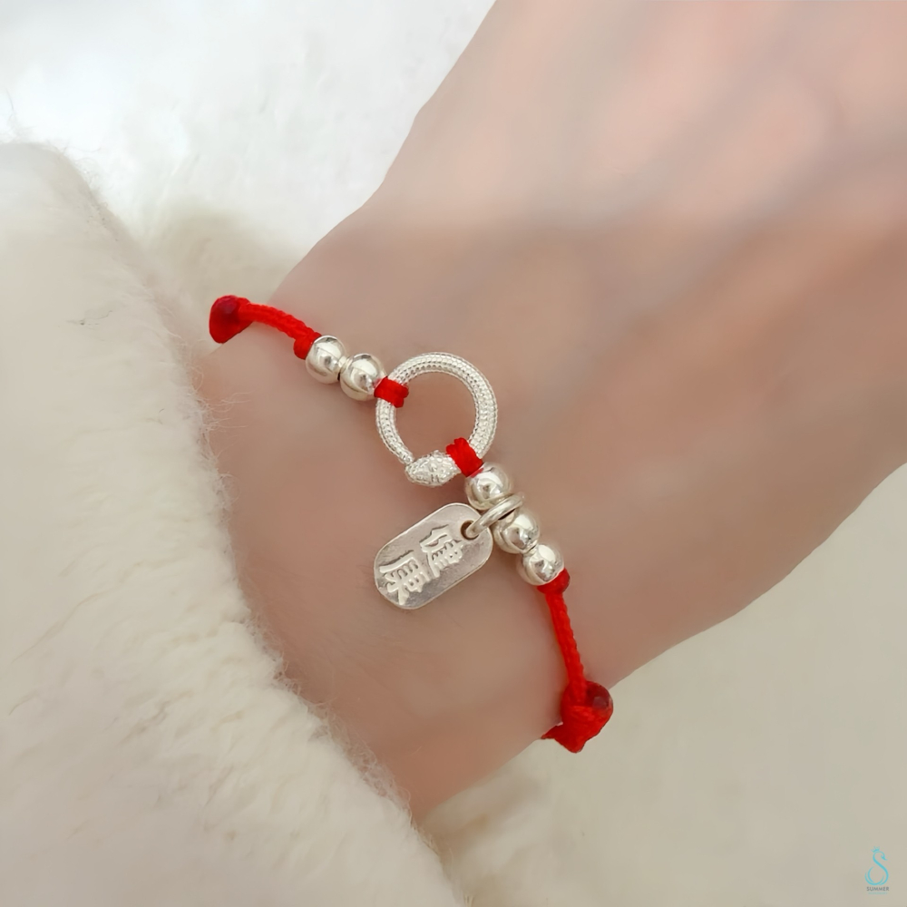 SUMMER 銀飾💫［925純銀］開運保平安 平安蛇 手作紅繩 雙面祈福「平安/健康」幸運手繩 純銀手鍊 純銀飾品-細節圖9
