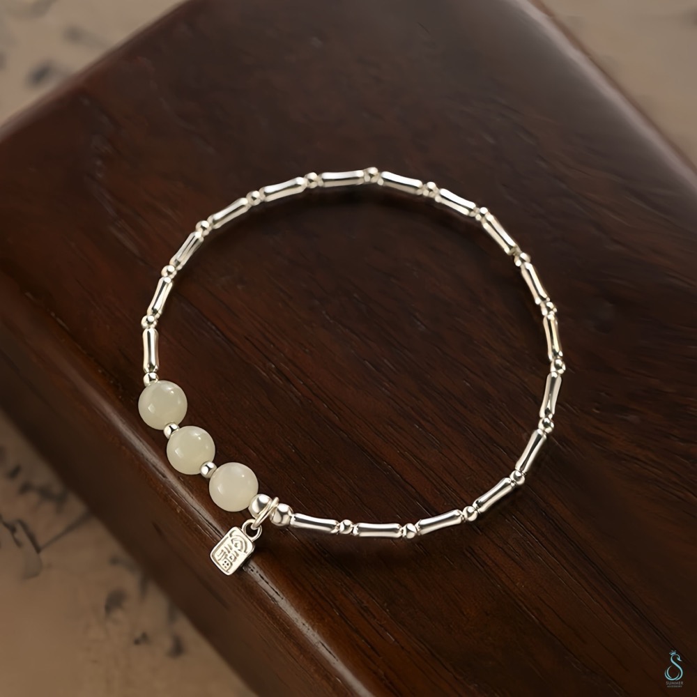 SUMMER 銀飾💫［925純銀］🉐天然和田玉福字竹節手鏈 🎋納福 節節高升 純銀手鍊 純銀飾品-細節圖2