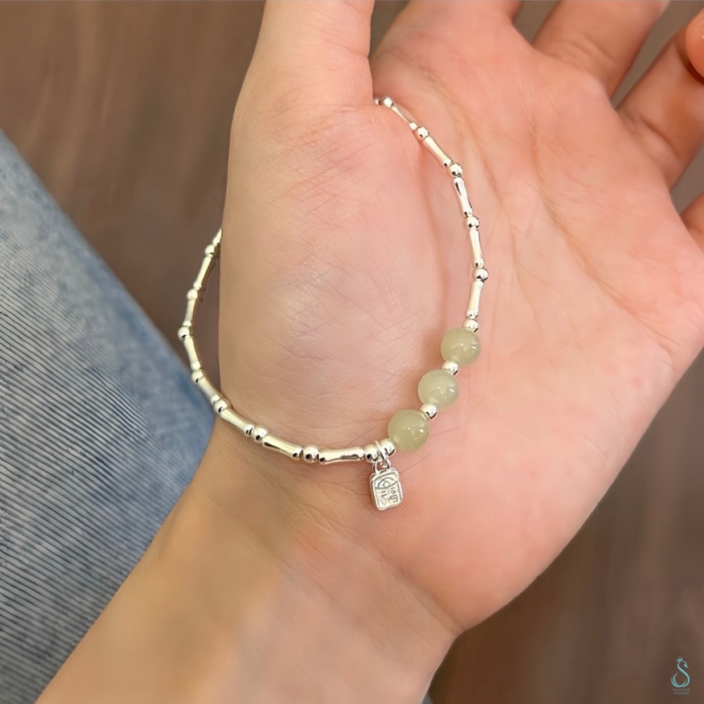 SUMMER 銀飾💫［925純銀］🉐天然和田玉福字竹節手鏈 🎋納福 節節高升 純銀手鍊 純銀飾品-細節圖3