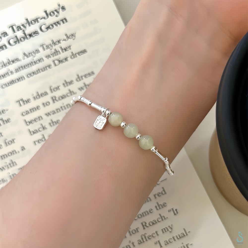 SUMMER 銀飾💫［925純銀］🉐天然和田玉福字竹節手鏈 🎋納福 節節高升 純銀手鍊 純銀飾品-細節圖4