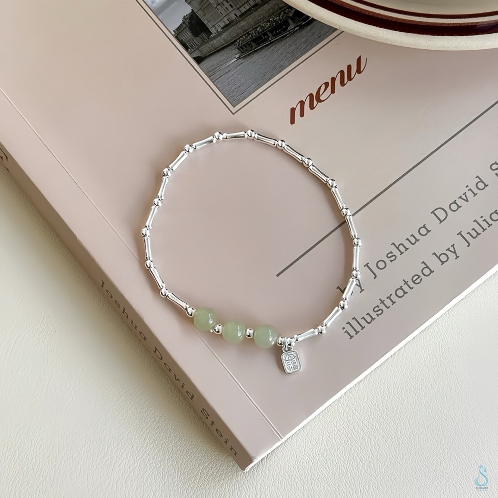 SUMMER 銀飾💫［925純銀］🉐天然和田玉福字竹節手鏈 🎋納福 節節高升 純銀手鍊 純銀飾品-細節圖6