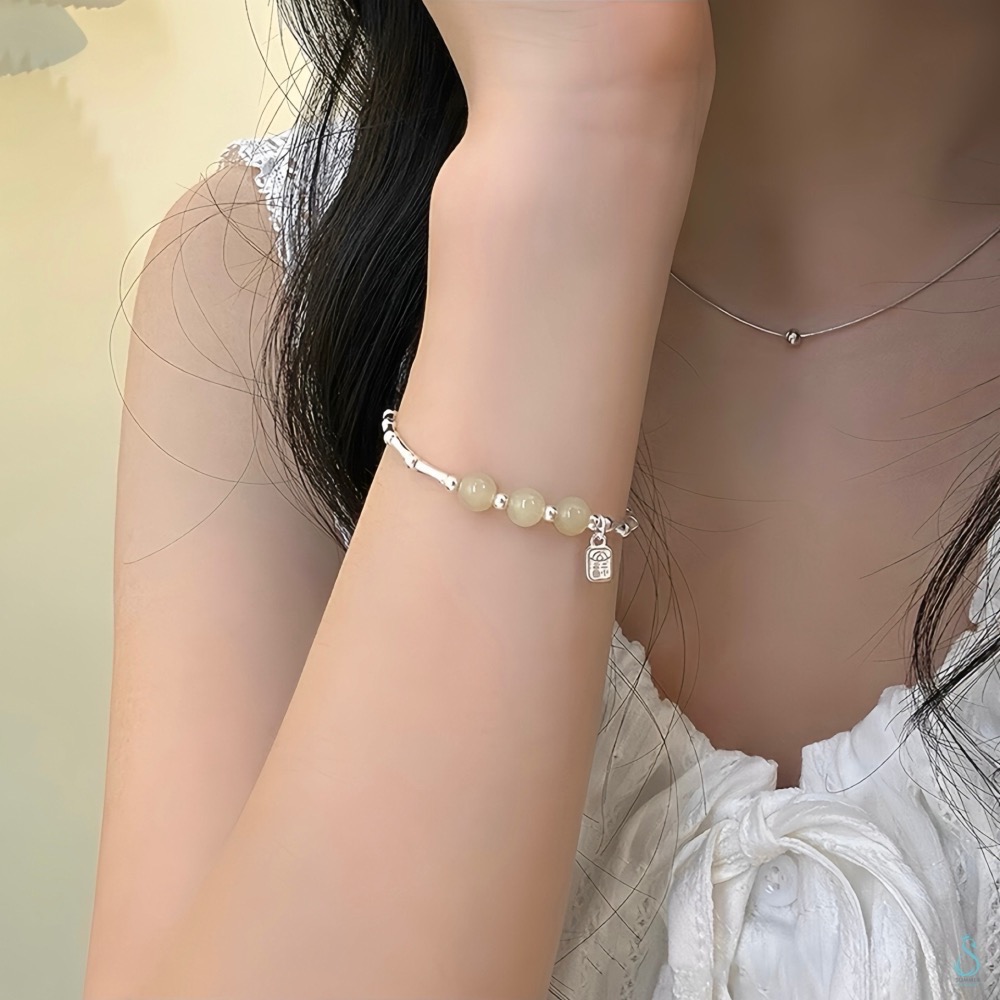 SUMMER 銀飾💫［925純銀］🉐天然和田玉福字竹節手鏈 🎋納福 節節高升 純銀手鍊 純銀飾品-細節圖7