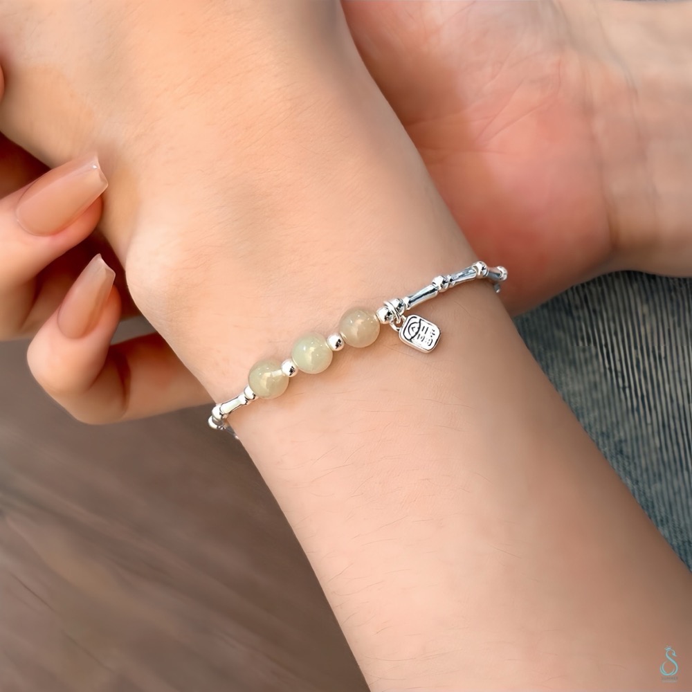 SUMMER 銀飾💫［925純銀］🉐天然和田玉福字竹節手鏈 🎋納福 節節高升 純銀手鍊 純銀飾品-細節圖8