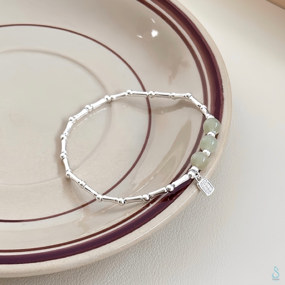 SUMMER 銀飾💫［925純銀］🉐天然和田玉福字竹節手鏈 🎋納福 節節高升 純銀手鍊 純銀飾品-細節圖9