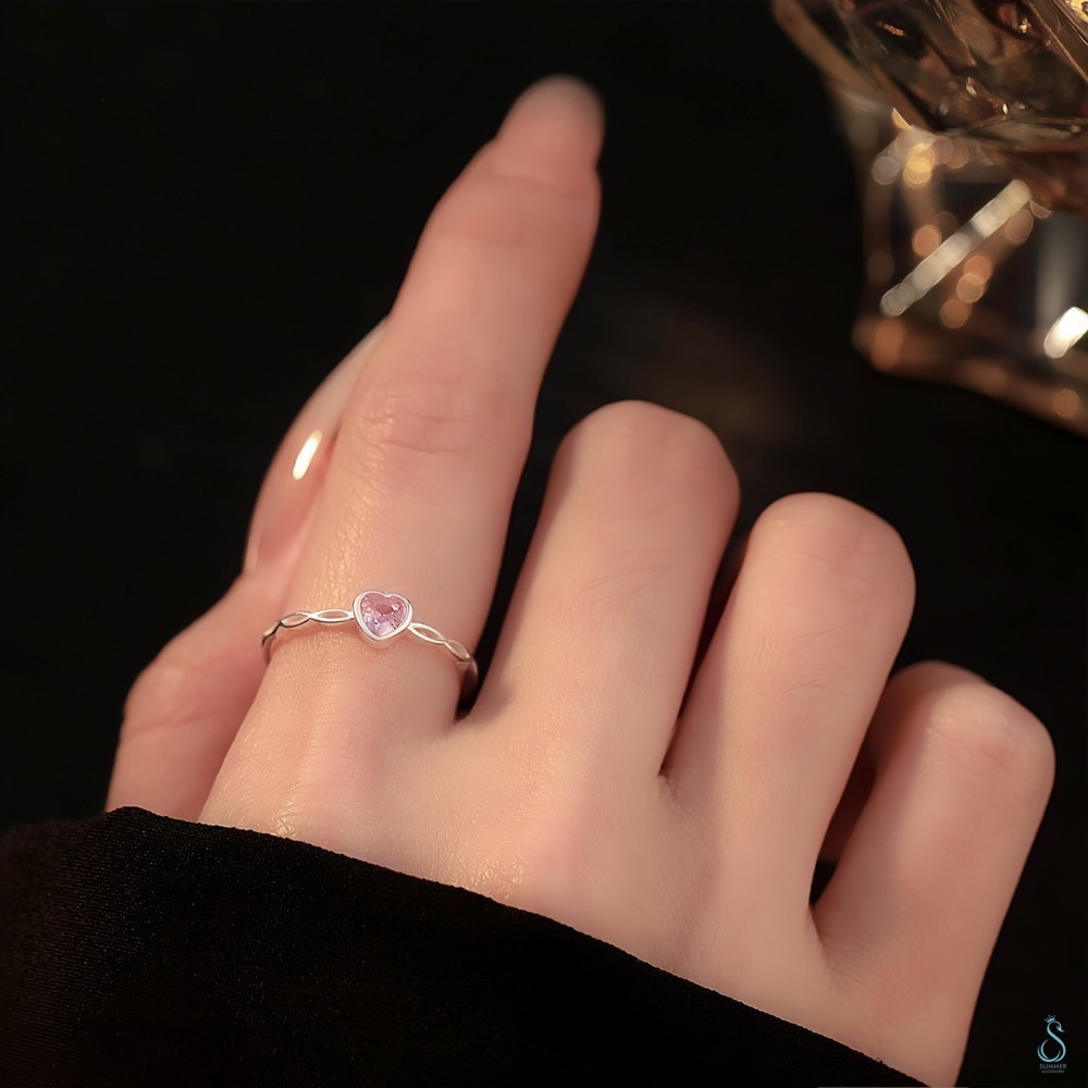 SUMMER 銀飾💫［S999足銀］粉鑽愛心戒 純銀戒指 純銀飾品-細節圖2