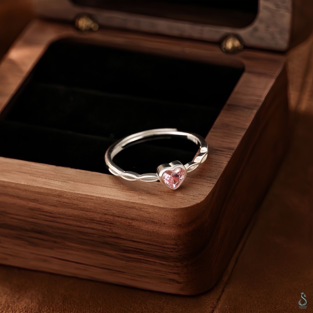 SUMMER 銀飾💫［S999足銀］粉鑽愛心戒 純銀戒指 純銀飾品-細節圖3