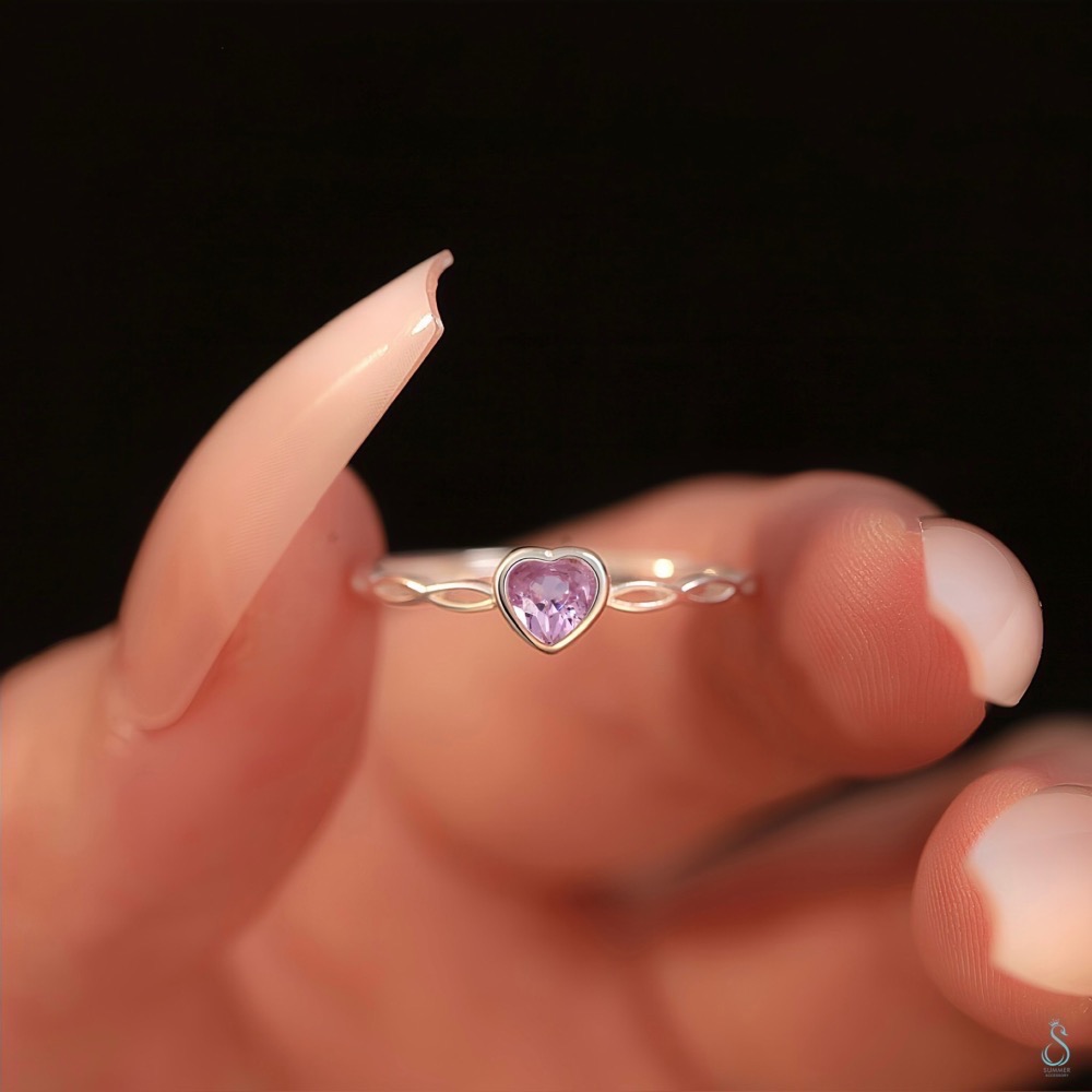 SUMMER 銀飾💫［S999足銀］粉鑽愛心戒 純銀戒指 純銀飾品-細節圖4