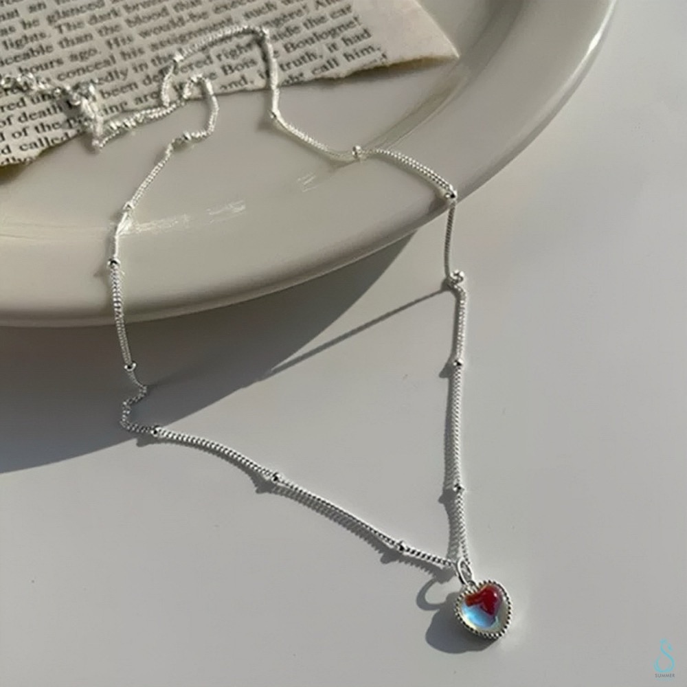 SUMMER韓 銀飾💫［925純銀］炫彩月光石愛心項鏈 純銀項鍊 純銀飾品-細節圖2