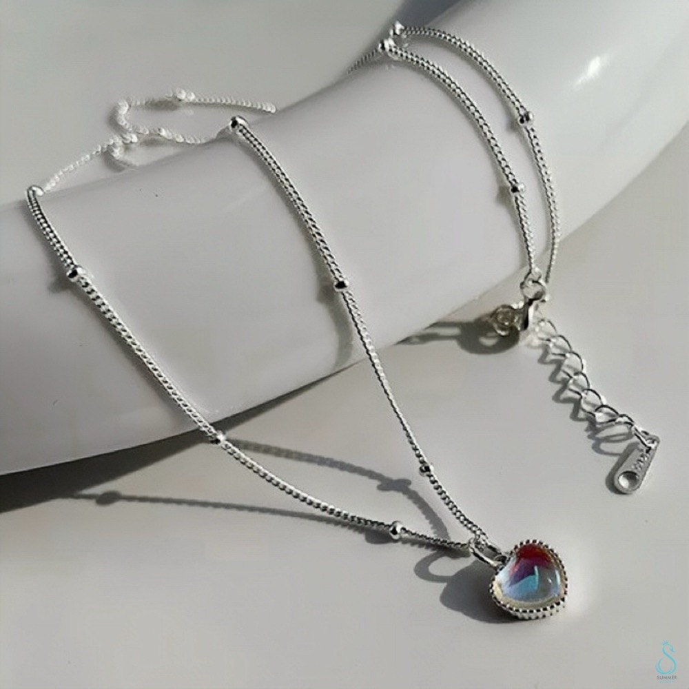 SUMMER韓 銀飾💫［925純銀］炫彩月光石愛心項鏈 純銀項鍊 純銀飾品-細節圖5