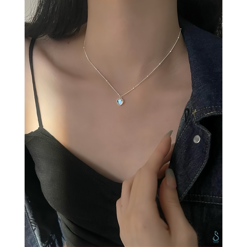 SUMMER韓 銀飾💫［925純銀］炫彩月光石愛心項鏈 純銀項鍊 純銀飾品-細節圖6
